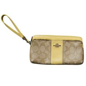 Coach Signature Yellow and Tan Zip around Wallet 2 zippers Wrist Strap